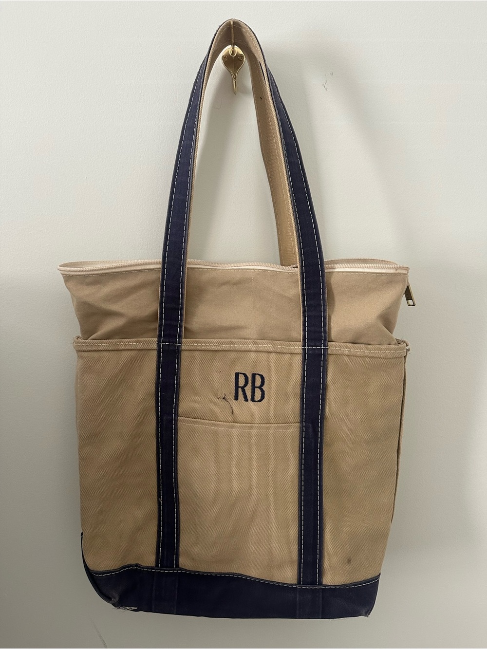 LL Bean Boat and Tote Monogrammed Canvas Tote Bag in Tan with Navy Trim
